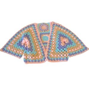 Handmade Crochet Granny Square Cardigan Pastel Boho Open PtP27" Shrug Pink Blue